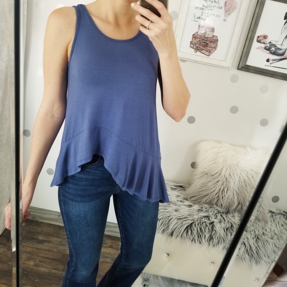 Denim Blue Fall Casual Basic Tops Women’s Navy Summer Muscle Tank Ruffle Tops - Picture 3 of 9
